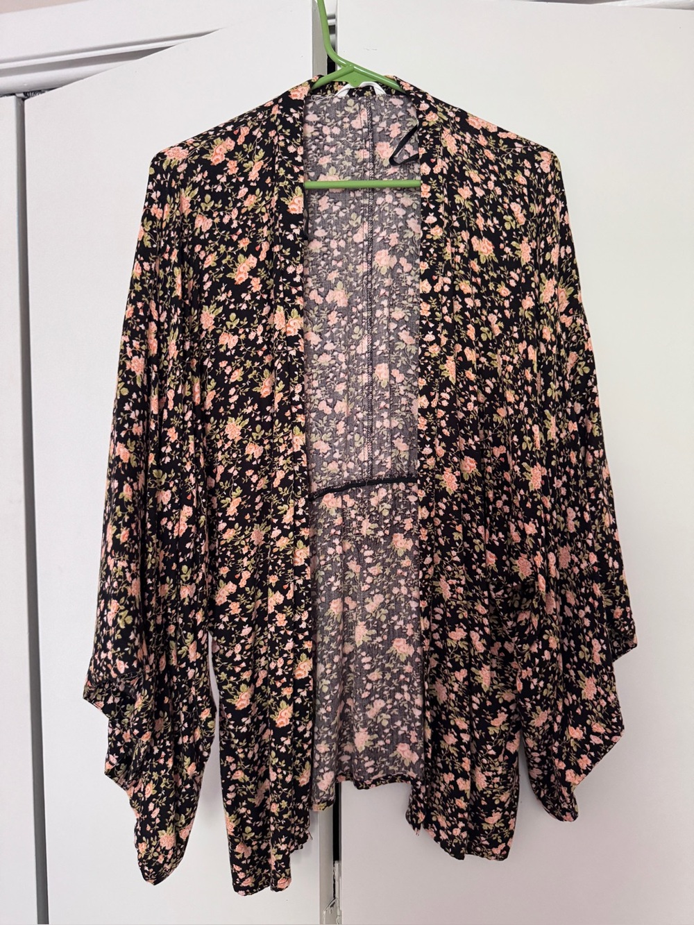 a new day Black Floral Print Kimono with Pink and Green Accents